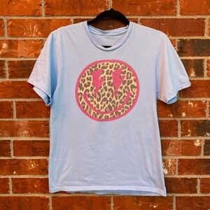 Womens Medium Leopard Happy Smiley Face Short Sleeve Graphic Tee Tshirt